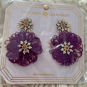 NWT Eye Candy Los Angeles Gold Tone Purple Crystal Flower Drop Earrings